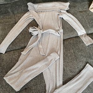 Sky grey off the shoulder jumpsuit